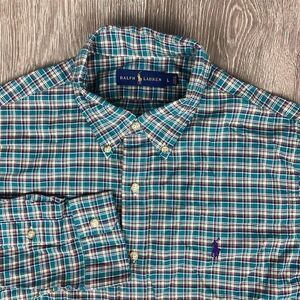 Ralph Lauren L Long Sleeve Plaid Green Button Down‎ Shirt Men's Pony